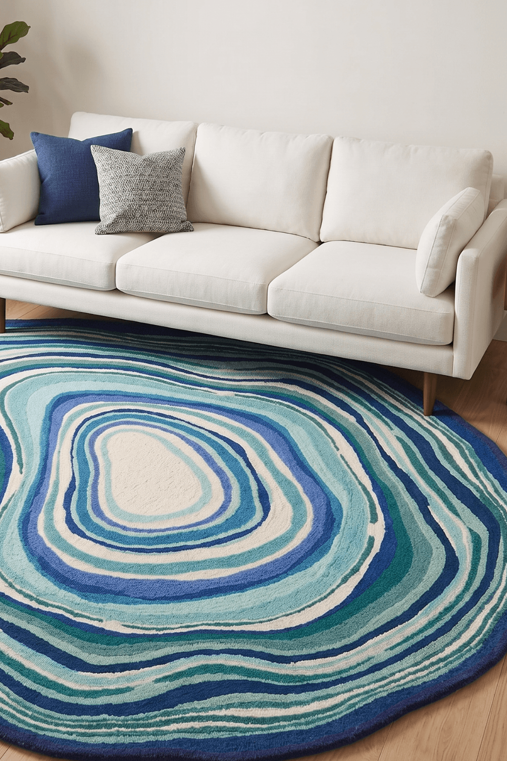 Azure stratum rug displayed in a modern living room with a white sofa and decorative pillows.
