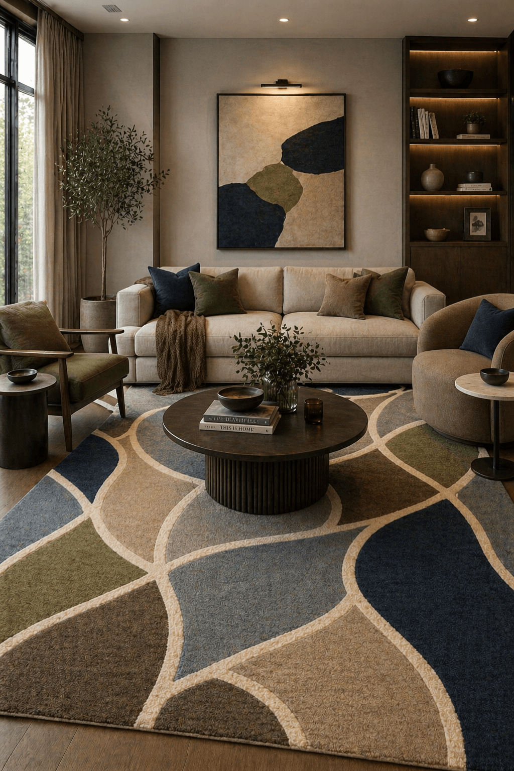Organic geometry hand tufted rug displayed in a stylish contemporary living room with rich color palette.