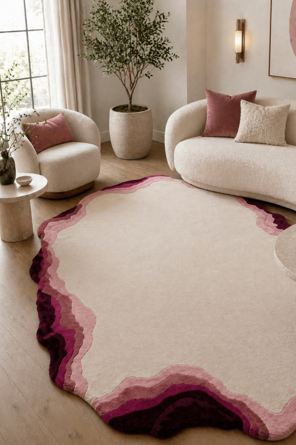 Organic contour rug with layered contours and soft central field, adding texture to a modern living room.