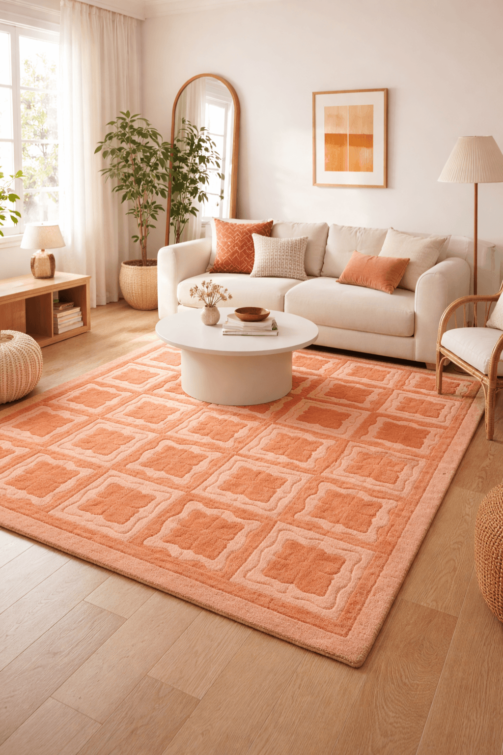 peach mosaic luxe rug displayed in a modern living room with light decor, showcasing soft peach tones and scalloped motifs.