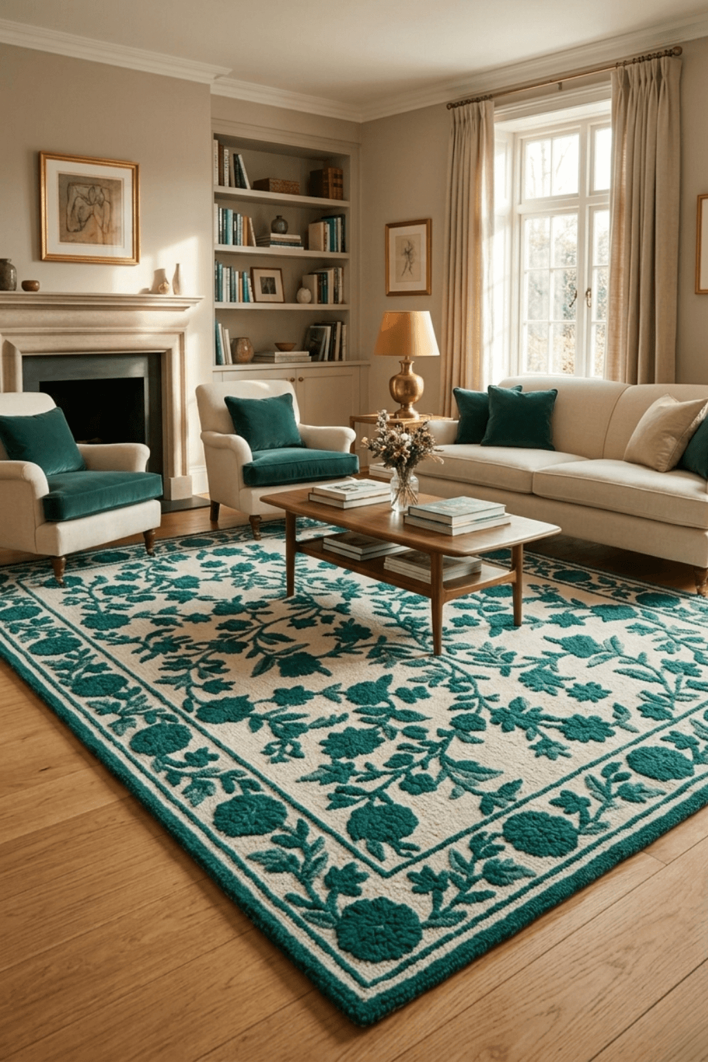 Emerald vine hand-tufted rug displaying vibrant motifs in a stylish living room setting.