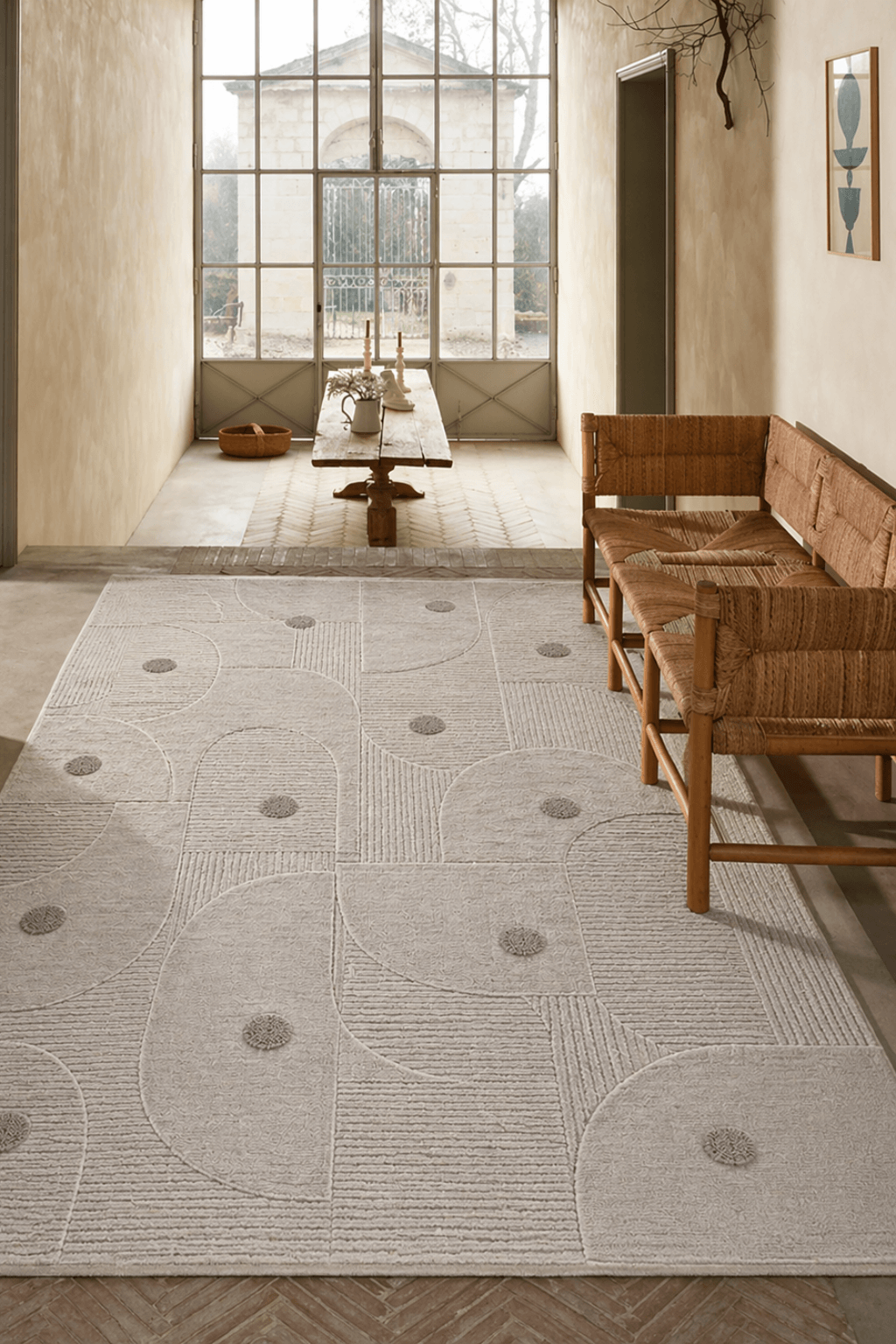 Arc Grid Sculpted Rug, a geometric patterned rug in ivory and grey, enhancing modern living spaces with sophistication.