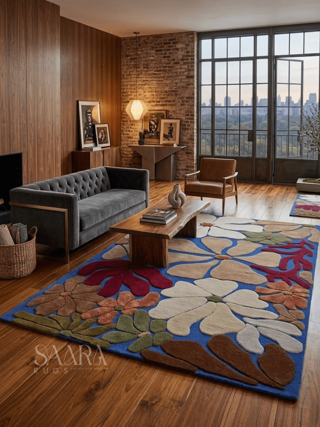 Modern floral wool rug displayed in a contemporary living room, featuring vibrant blue and oversized floral designs.
