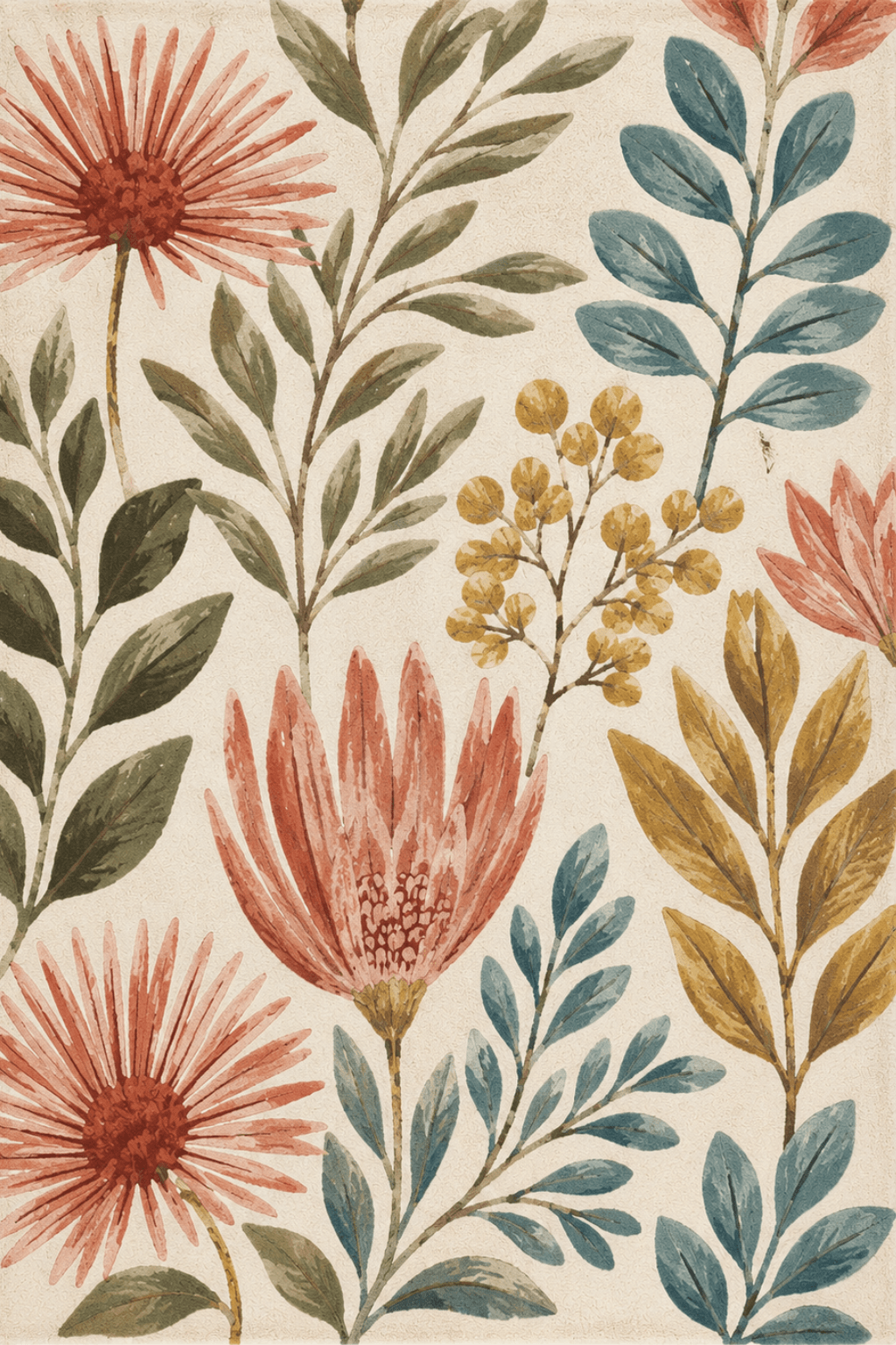 Vibrant floral design featuring oversized flowers and layered leaves on a botanical meadow rug.