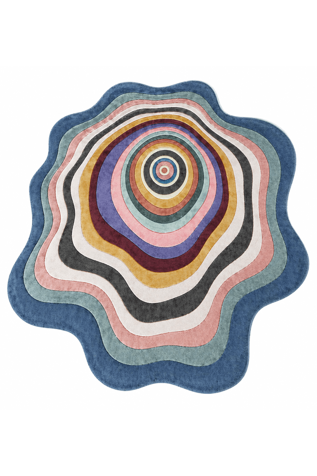 Celestial ripple rug featuring concentric flowing bands in soft pastels against a freeform silhouette.