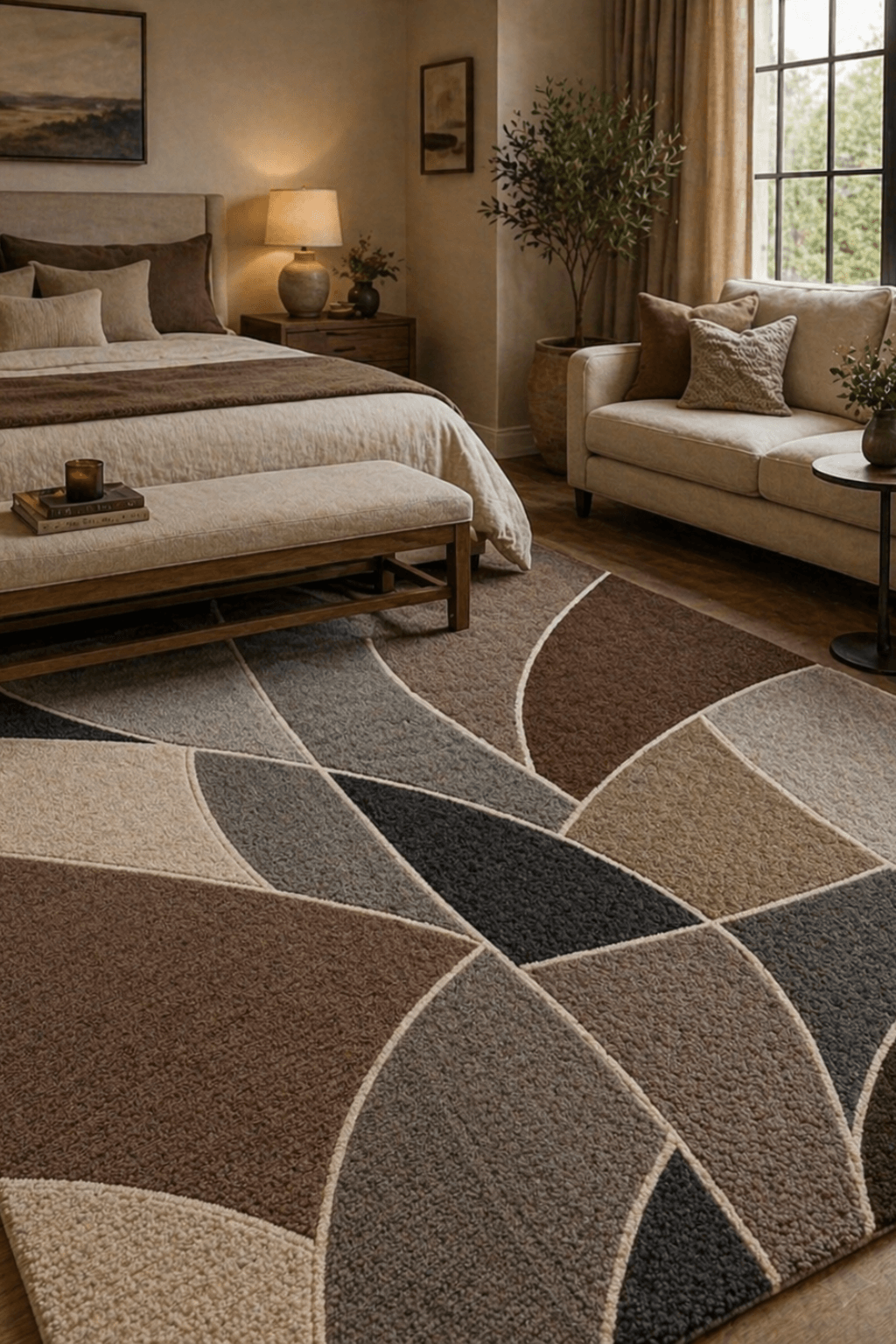 Geometric hand tufted rug in warm earthy tones placed in a cozy bedroom setting.