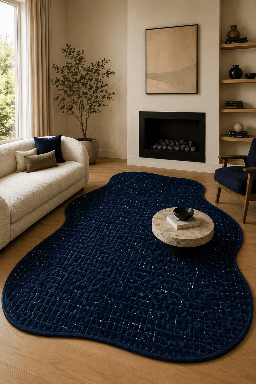 Midnight Origami Sculpt Rug, a decorative origami sculpture rug with intricate patterns in a deep navy color.