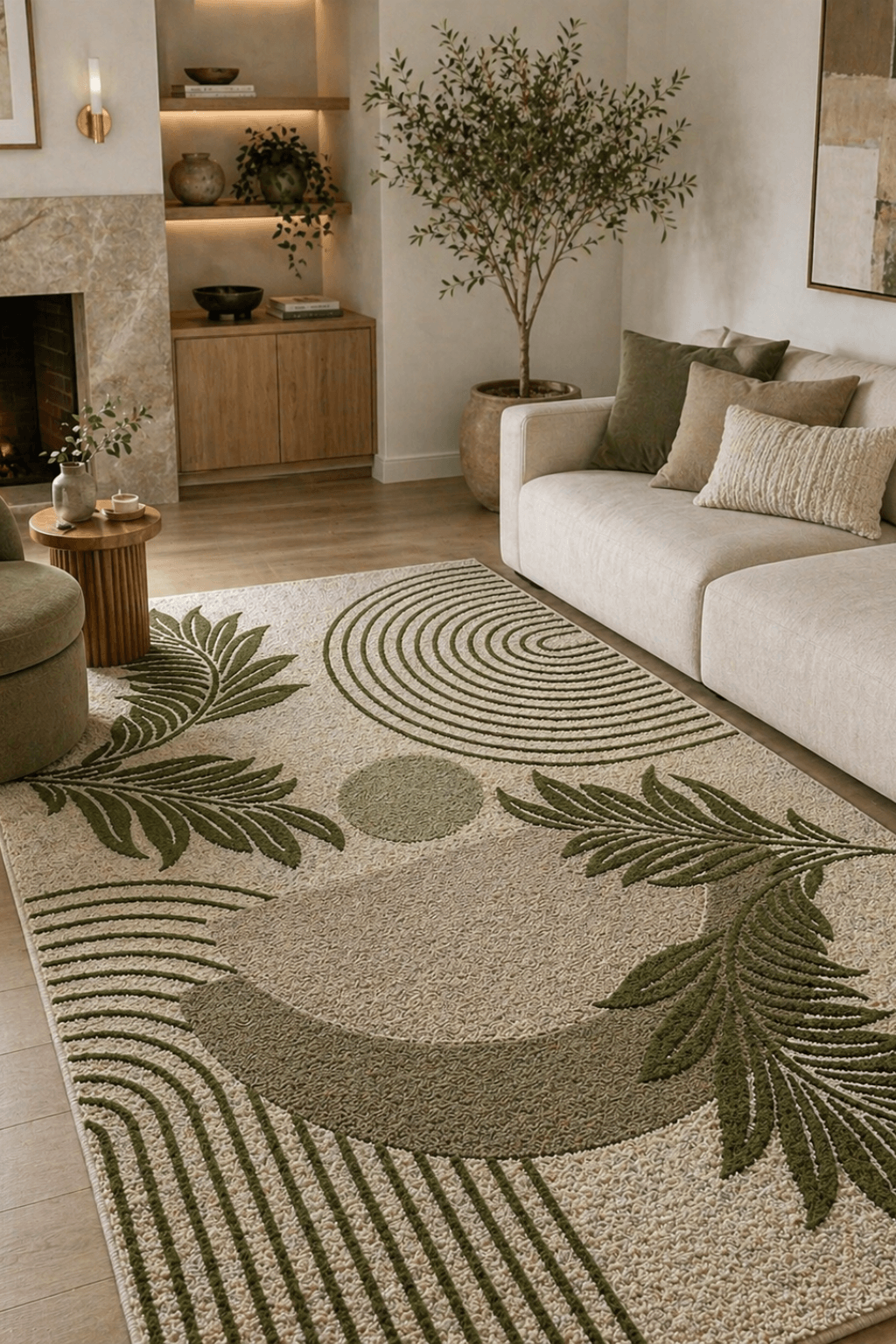 botanical floral area rug featuring palm motifs and geometric designs in a stylish living room setting.