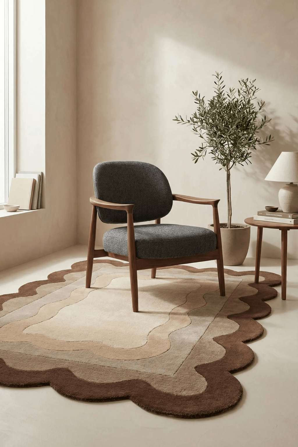 A cozy living space featuring a cocoa scallop area rug underneath a stylish chair and a small side table.