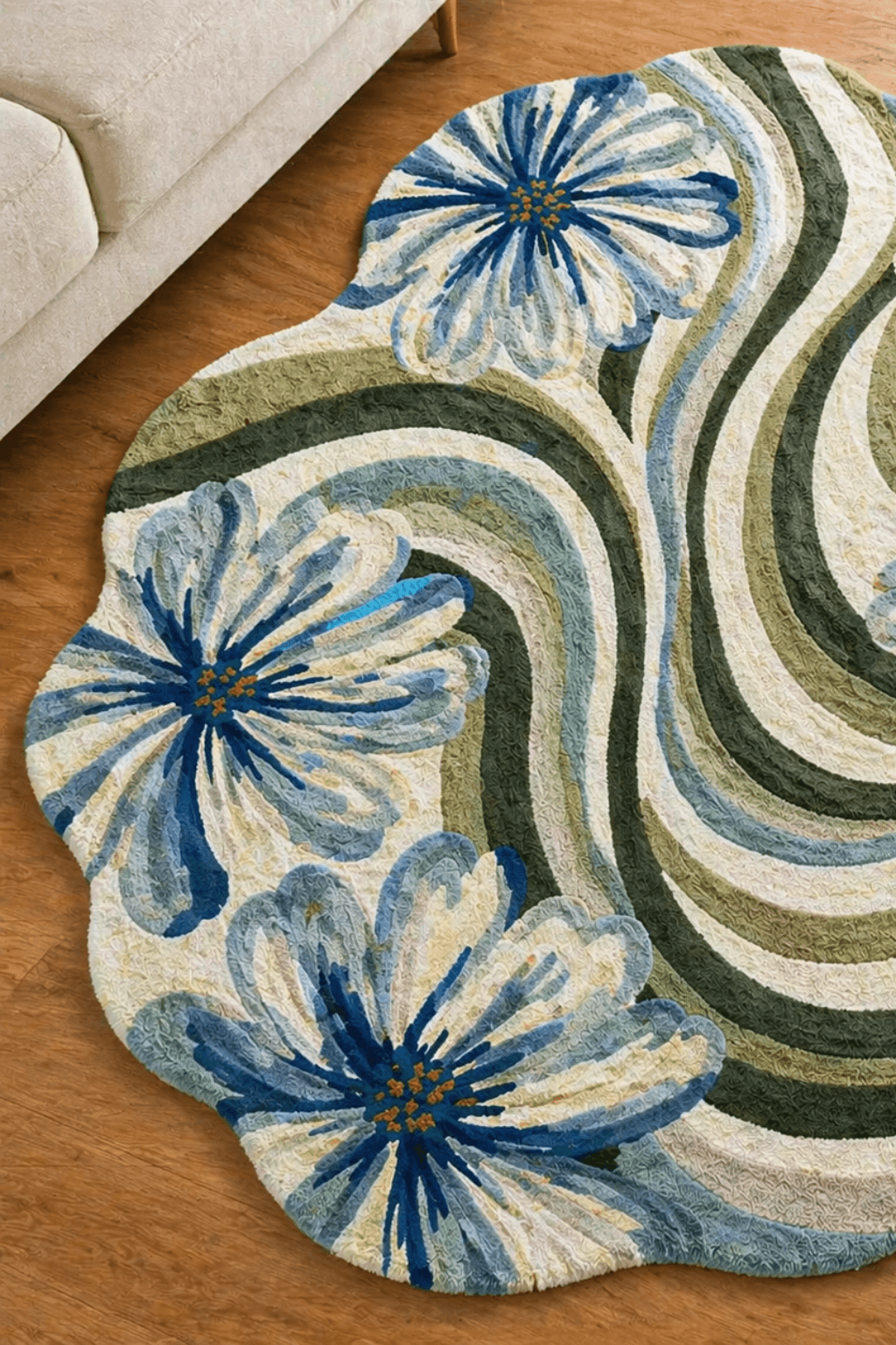 Modern floral area rug featuring stunning blue flowers and flowing wave patterns in greens and ivory.