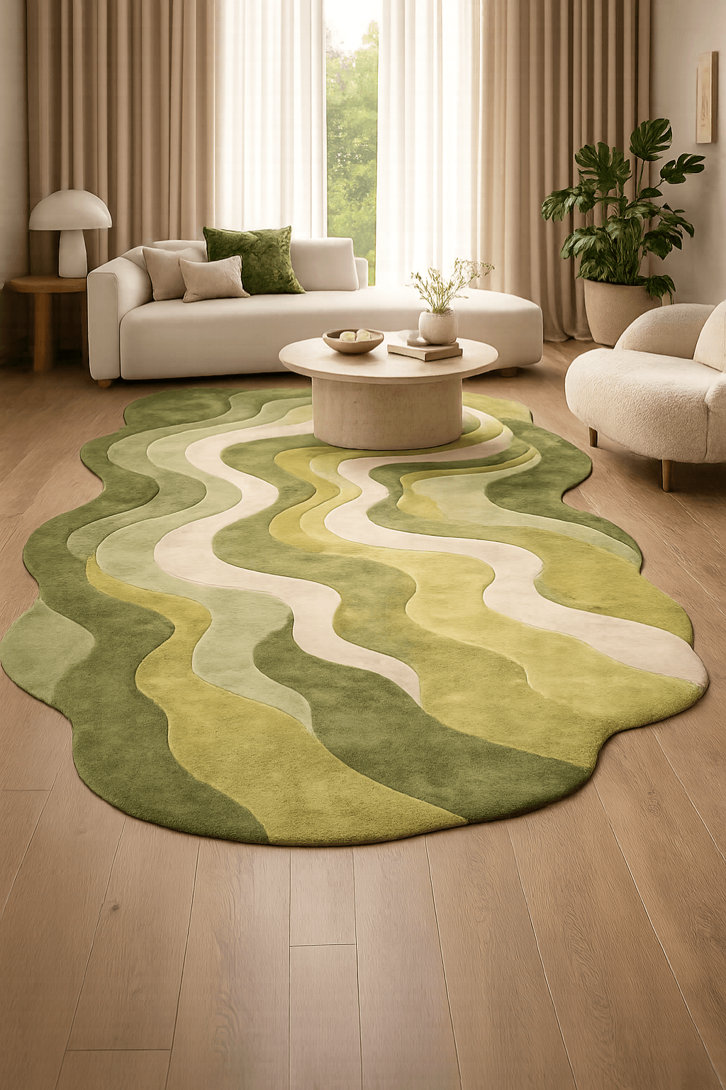 Nature-inspired flow rug featuring flowing green and ivory patterns, perfect for modern interior design.