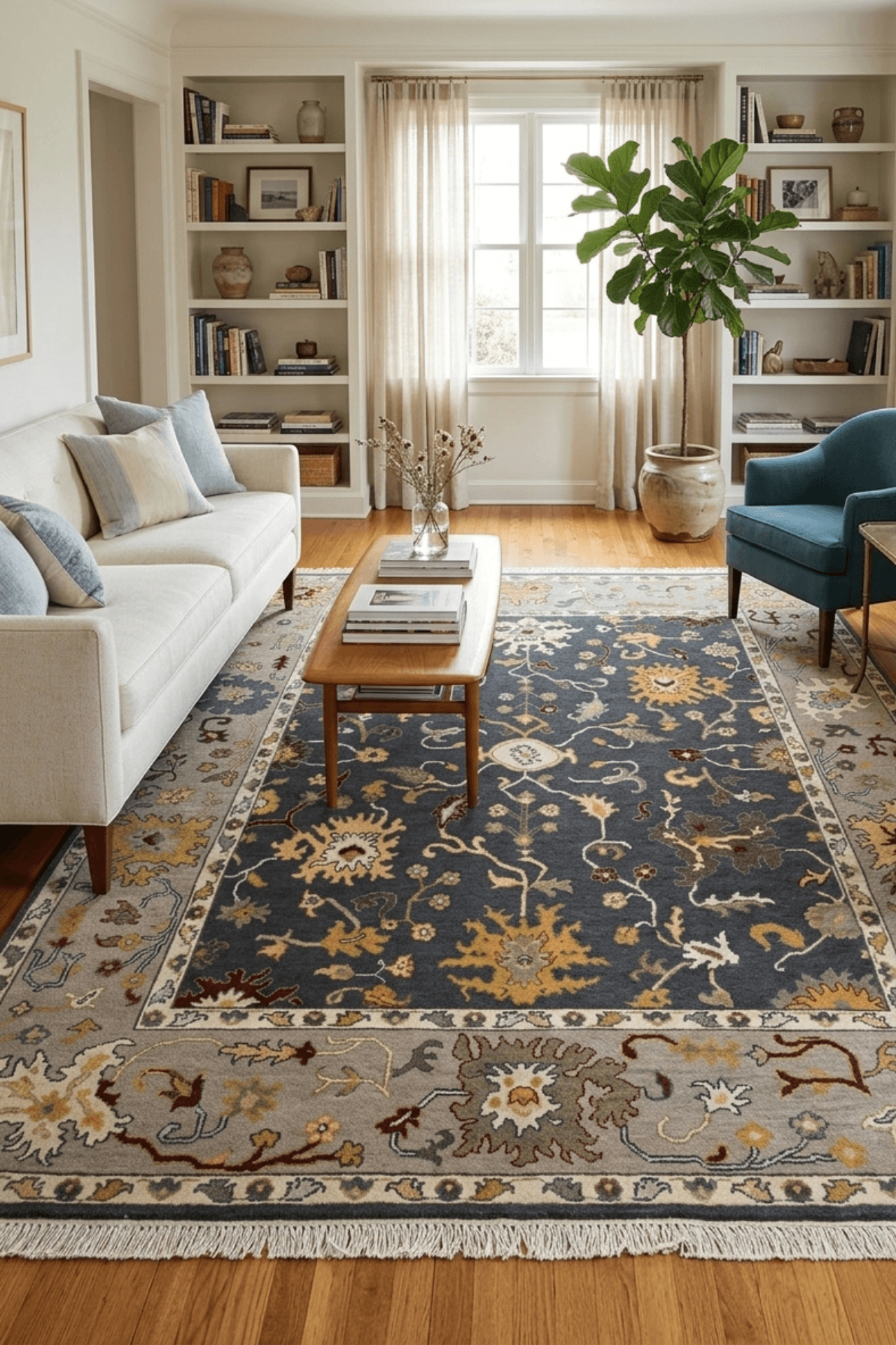 Heritage hand-knotted oushak rug displayed in a stylish living room with modern decor and natural light.