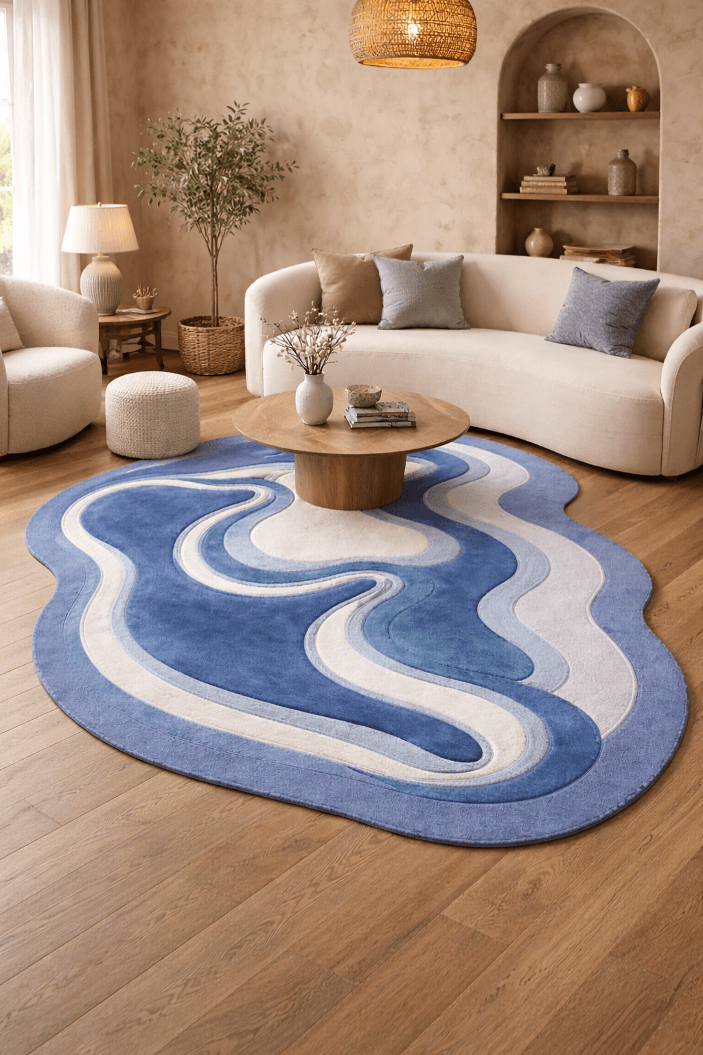 azure contour rug in a modern living room with flowing water design and calming colors of blue and ivory.