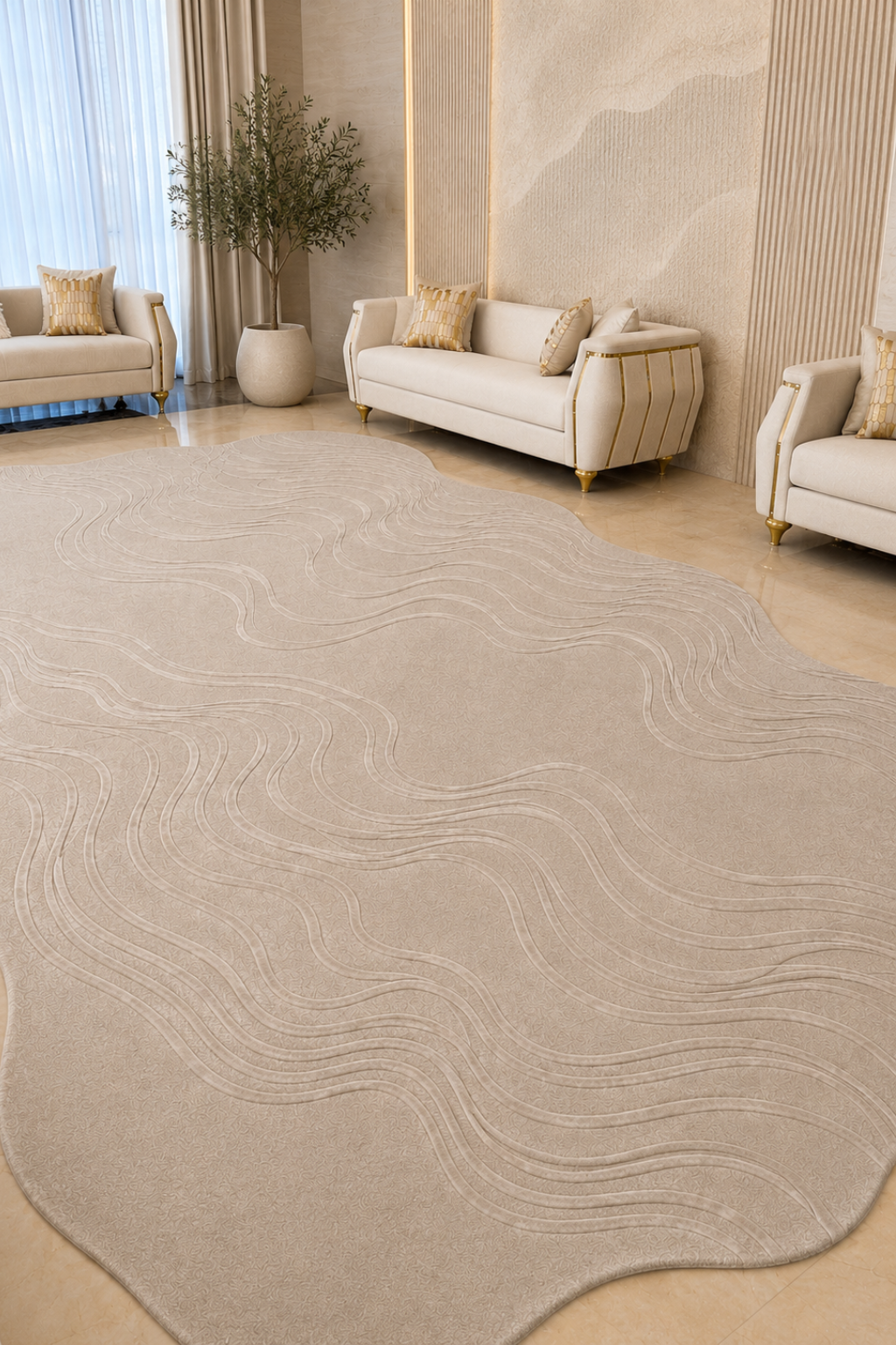 luxury hand-tufted flow rug in a soft ivory-beige palette, featuring sculptural lines and a contemporary feel.