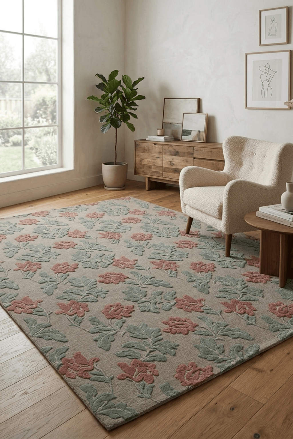 Elegant rosewood and sage floral rug in a stylish living room setting with light wood flooring and natural light.