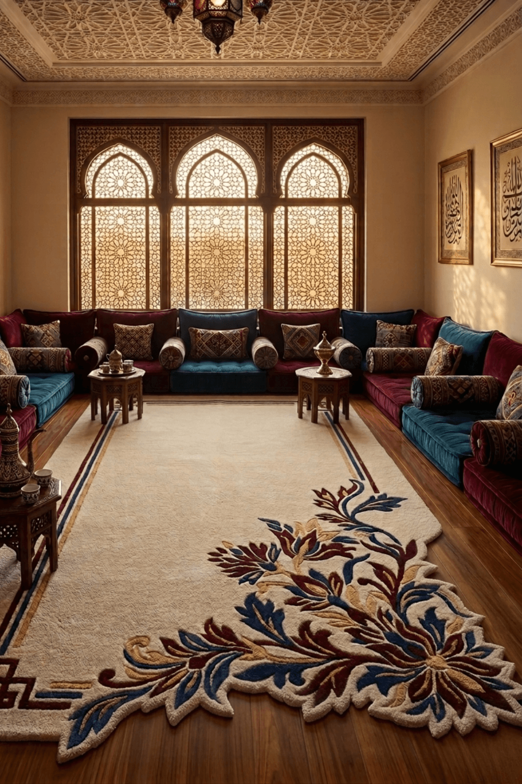 Royal Zahra majlis rug elegantly enhancing a traditional majlis interior with floral motifs in rich colors.