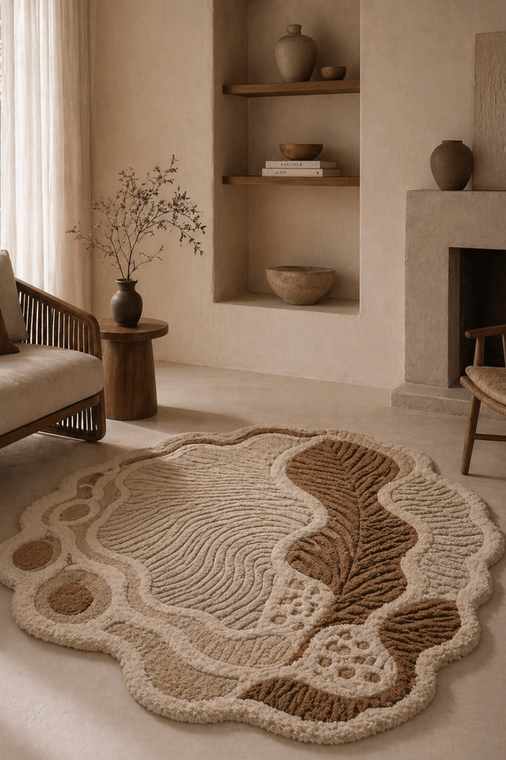 Earthen contour rug showcasing sculptural quality and organic design in soft neutrals and earthy browns.