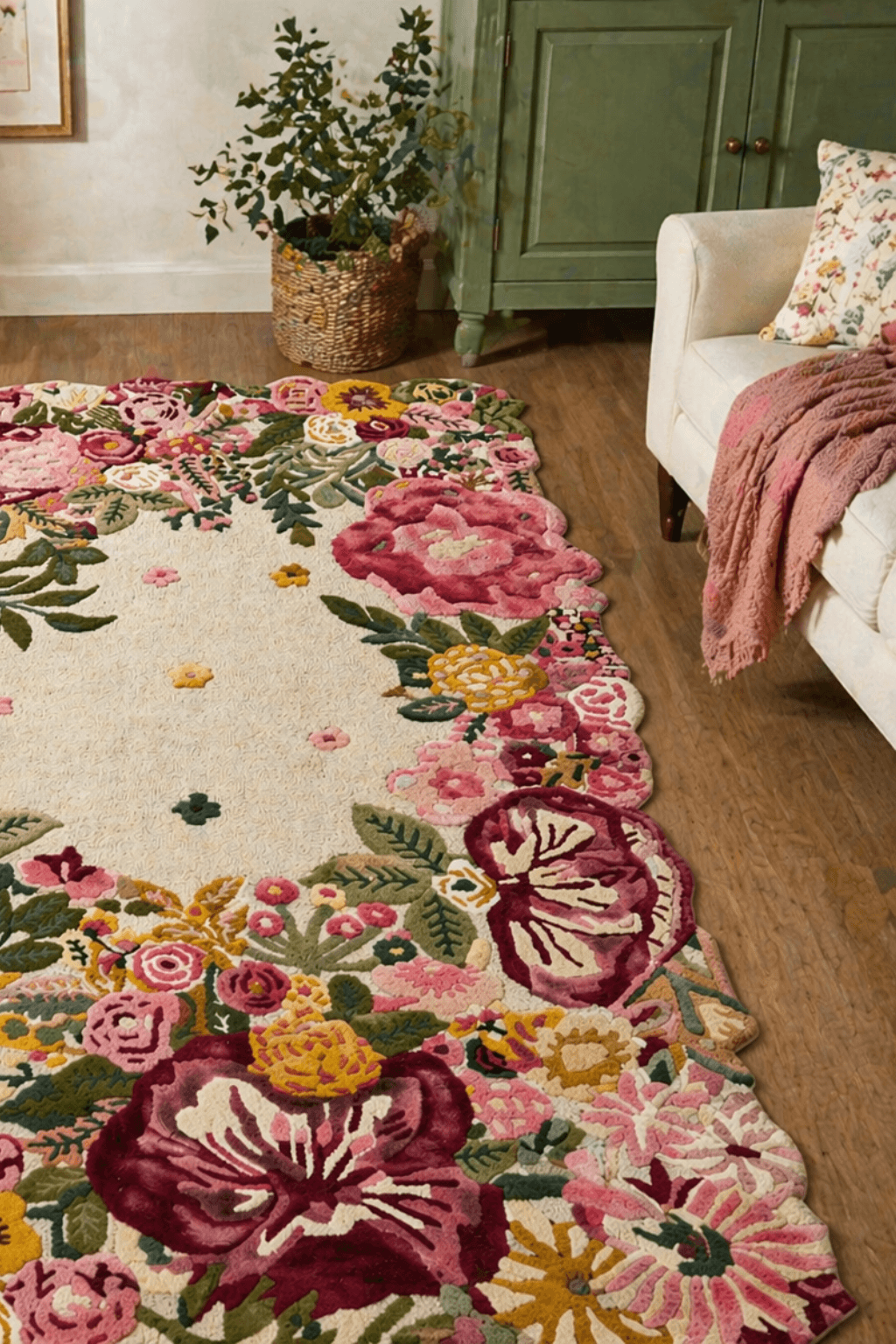 Blush Garden hand-tufted floral wool rug with floral sculpted border design in a soft and romantic home setting.