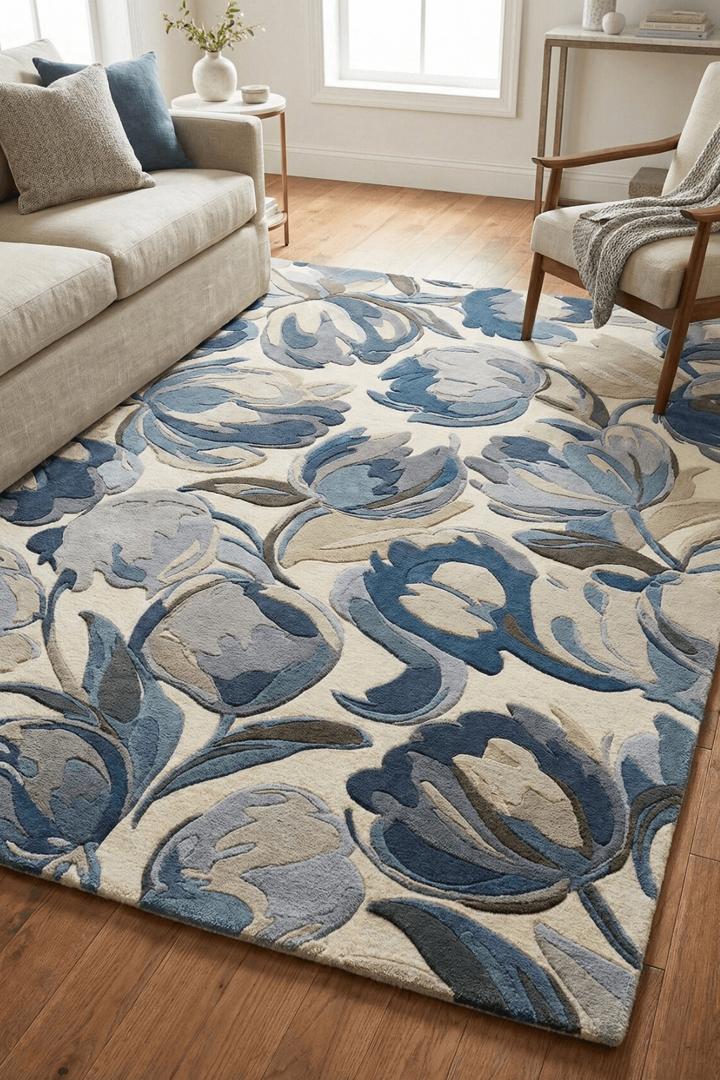 azure tulip wool rug displayed in a living room with blue and ivory floral patterns on a warm wooden floor.
