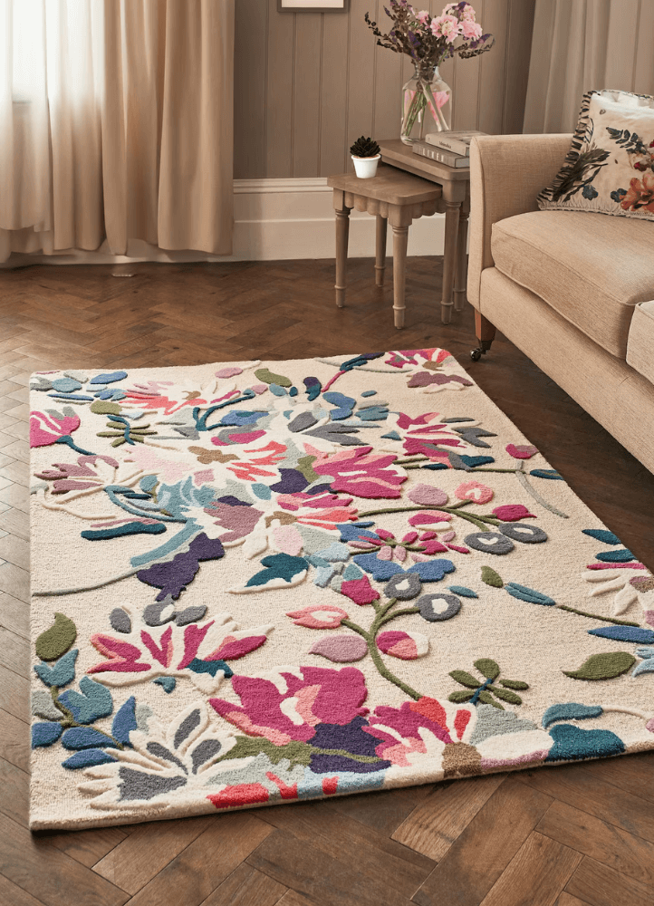 Natural & Pink Bright Floral Hand Tufted Rug