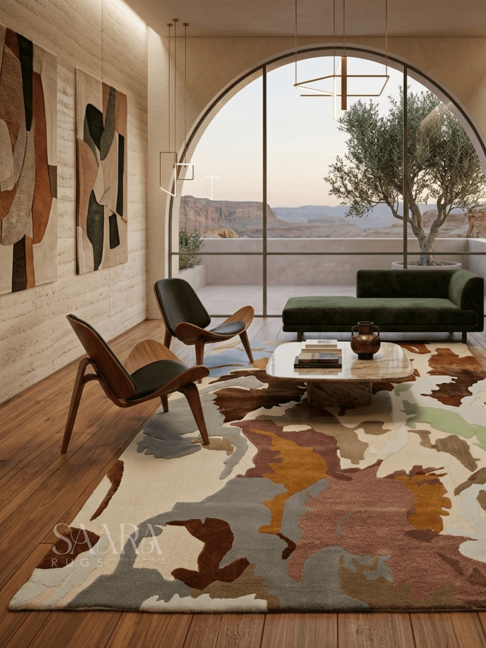 Desert Bloom Abstract Wool Rug displayed in a modern living room with earthy tones and serene desert view.