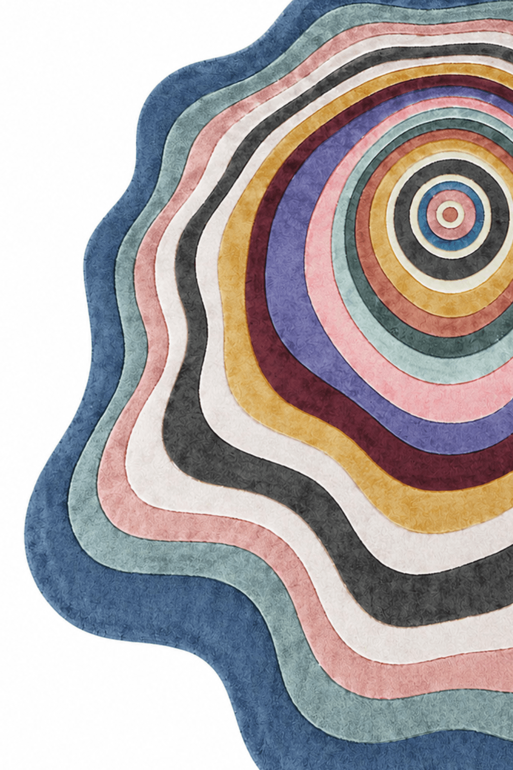 Celestial ripple rug featuring concentric flowing bands in soft pastels with a playful abstract design.