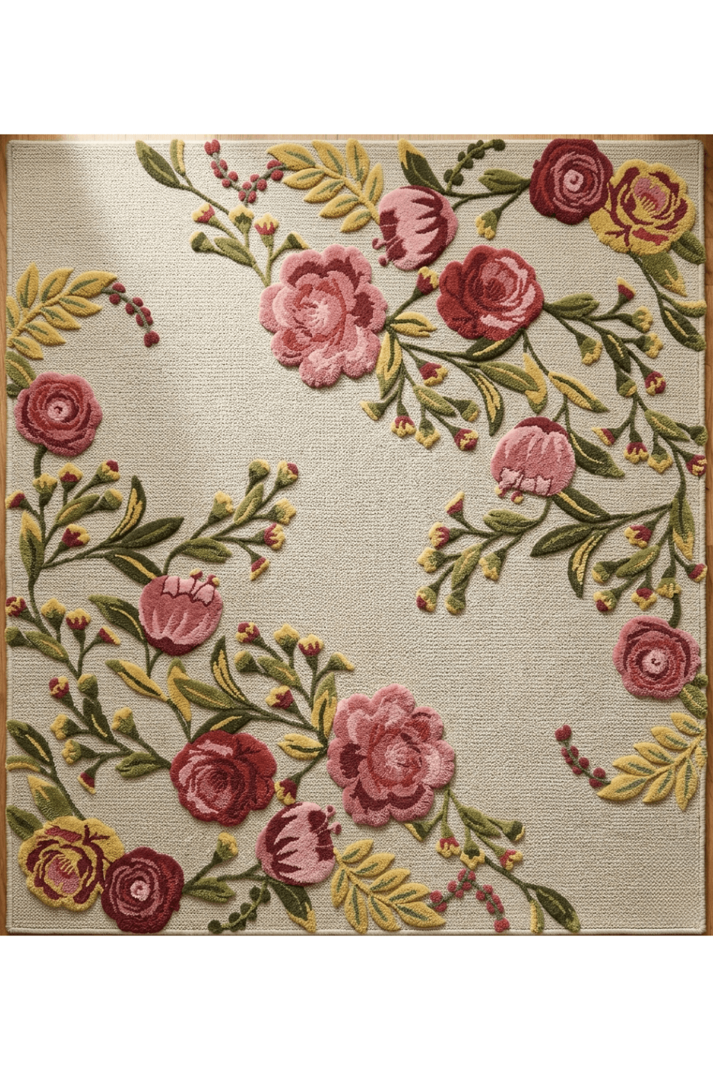 Floral Relief Hand-Tufted Rug featuring vibrant floral motifs on a neutral background, ideal for home decor.