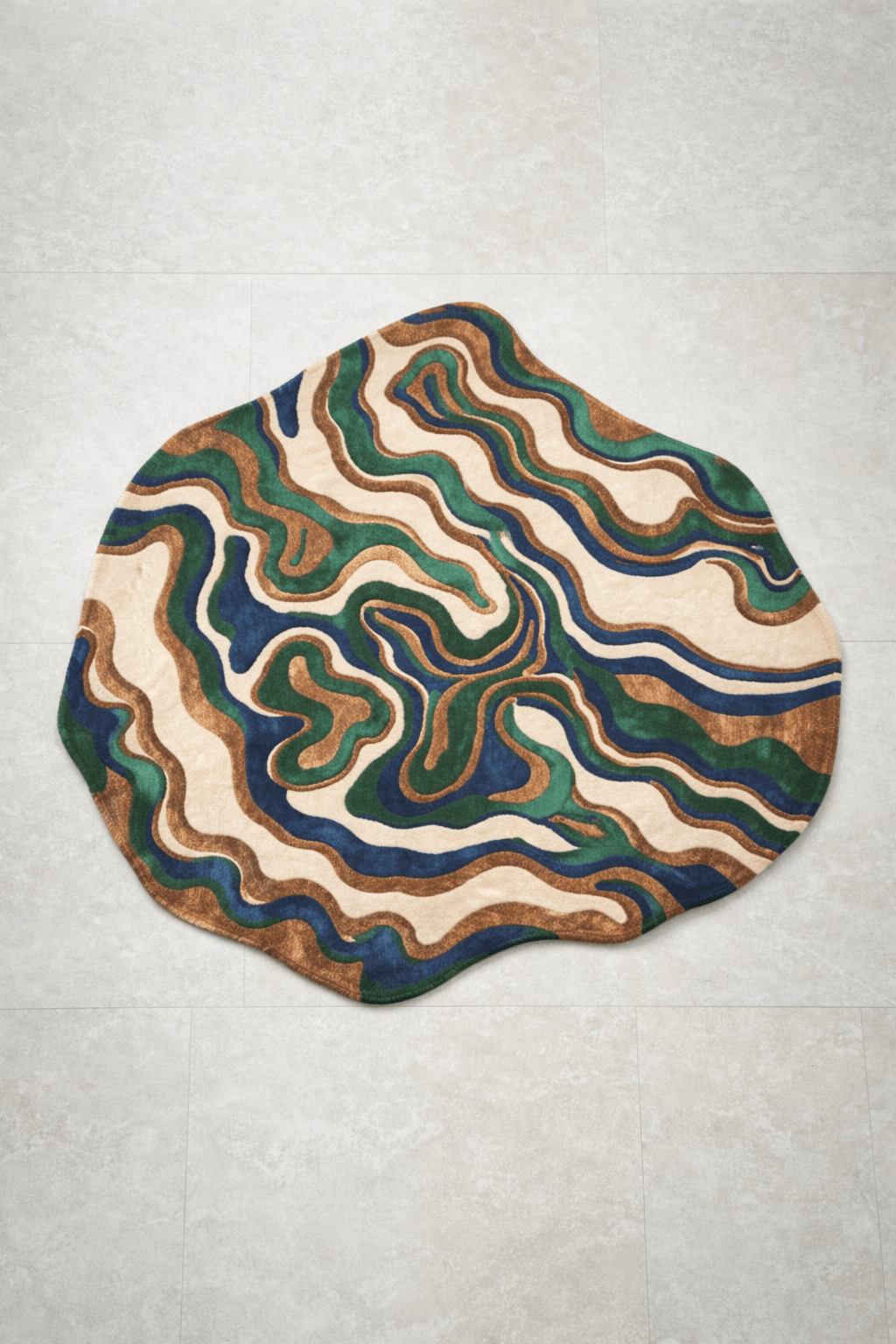 Terra Wave Contour Rug with layered topographic curves in earthy tones of green, blue, rust, and beige.