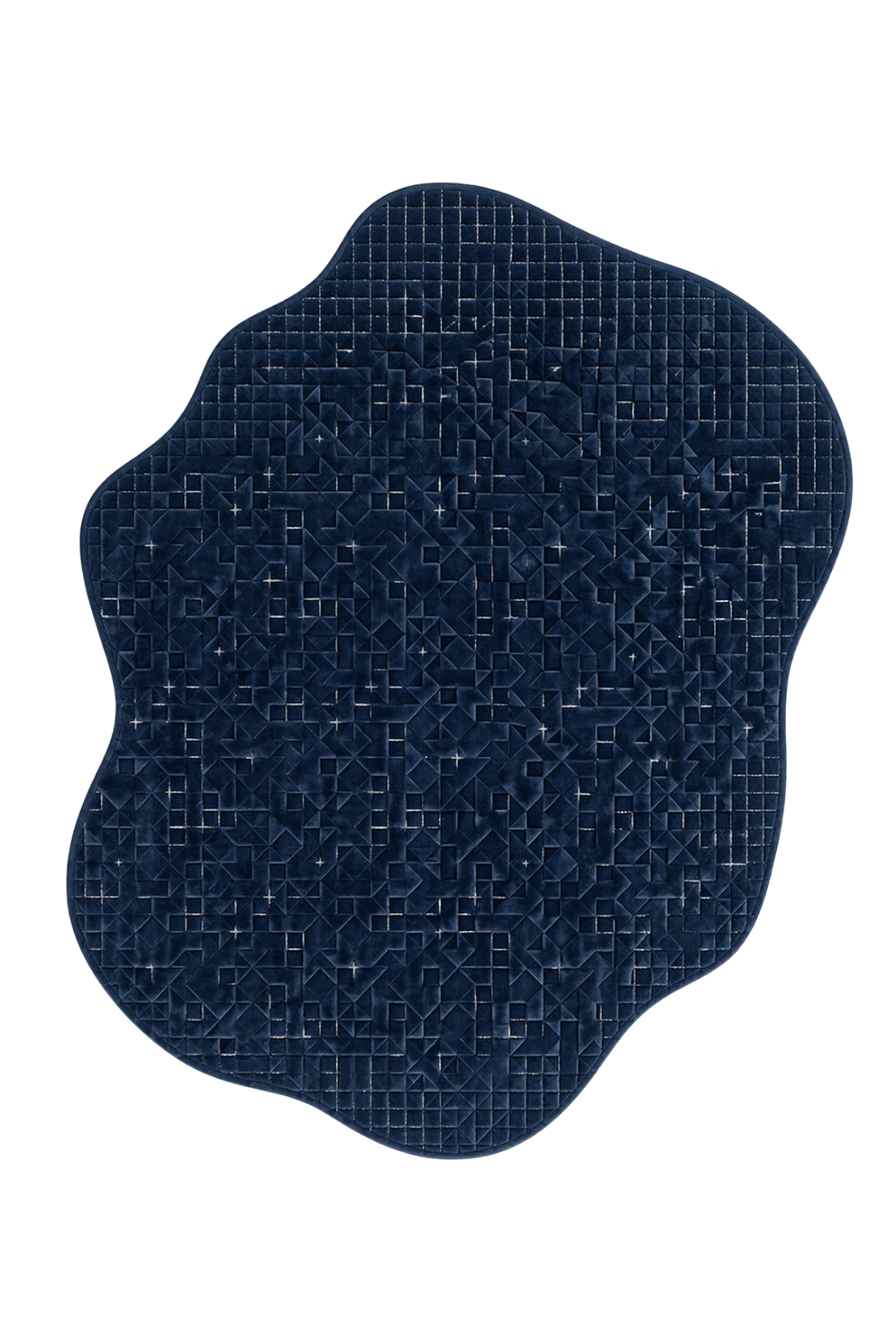 Decorative origami sculpture rug in deep navy with intricate hand-carved geometric patterns and high-low texture.