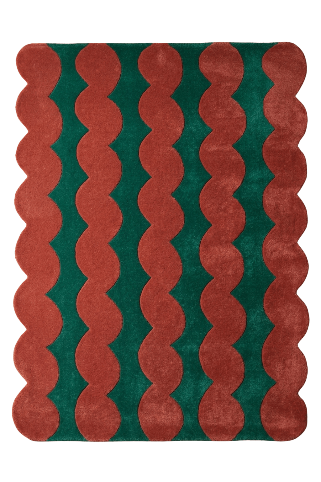 Aurora Wave tufted rug with bold burnt orange and green undulating pattern.