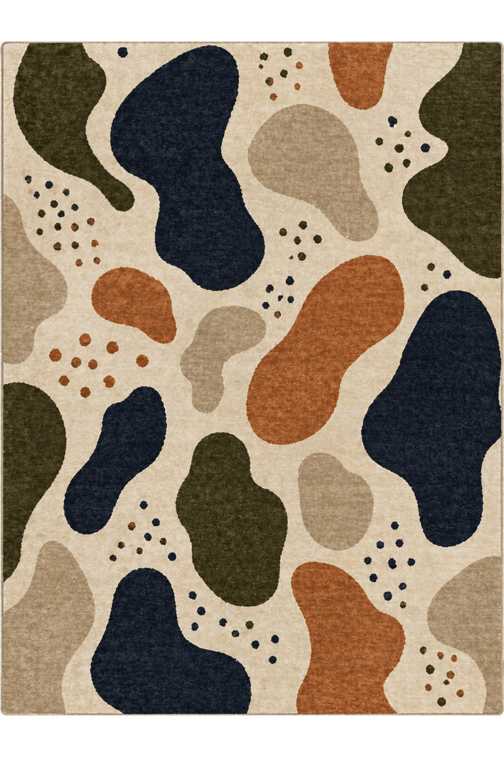 Organic pebble abstract rug featuring irregular shapes in deep navy, olive green, warm rust, and muted beige.