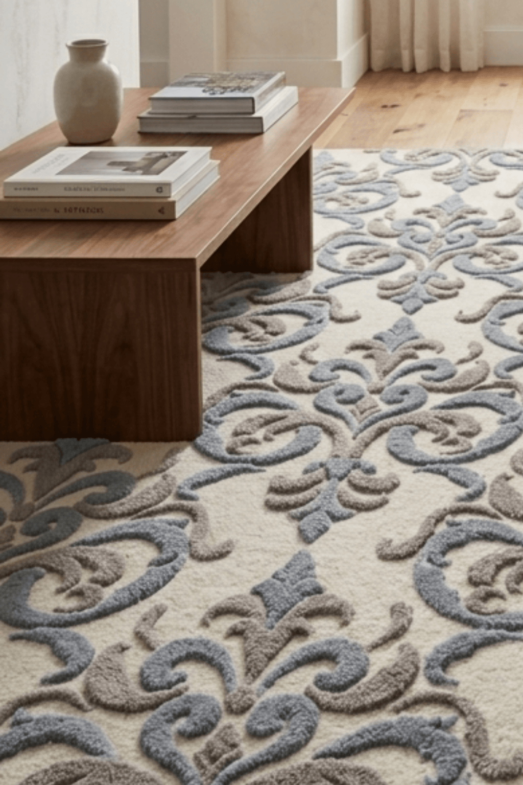 Elegant Fleur-de-Lis sculpted medallion rug with cream base and slate blue accents in a stylish living space.