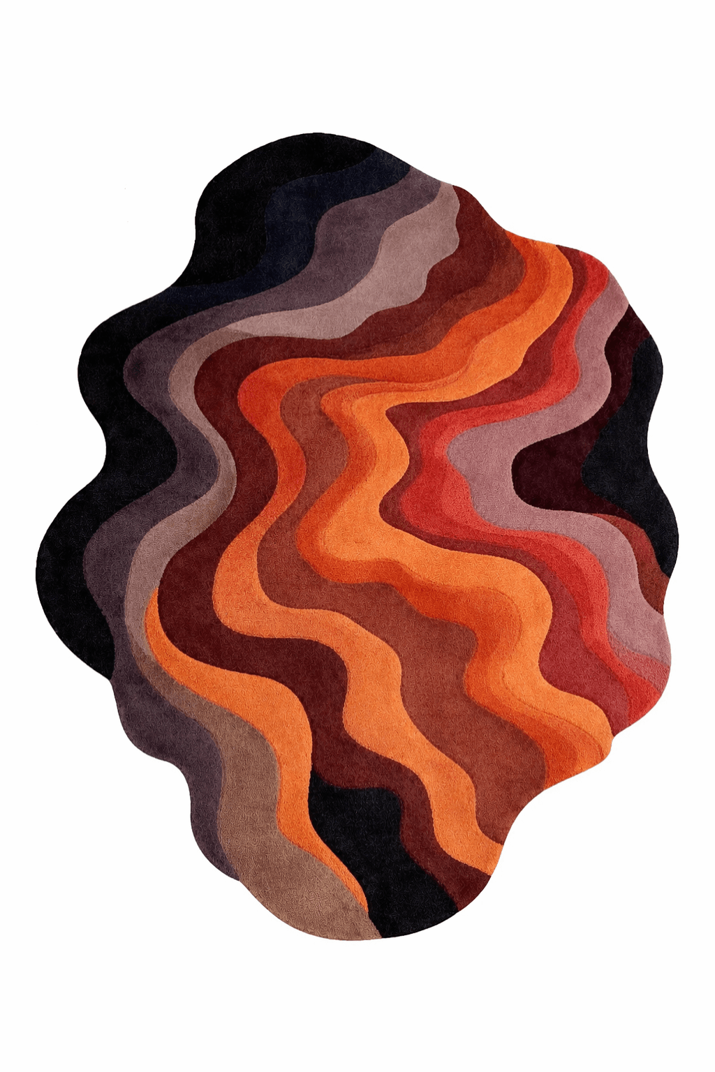 Canyon Flow Contour Rug showcasing bold, fluid designs with warm tones of burnt orange, terracotta, and deep burgundy.