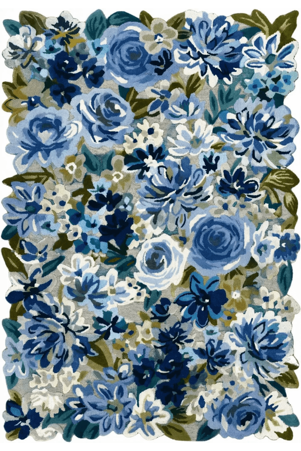 Stunning Azure Bloom hand-tufted floral area rug featuring intricate blue and ivory floral motifs.