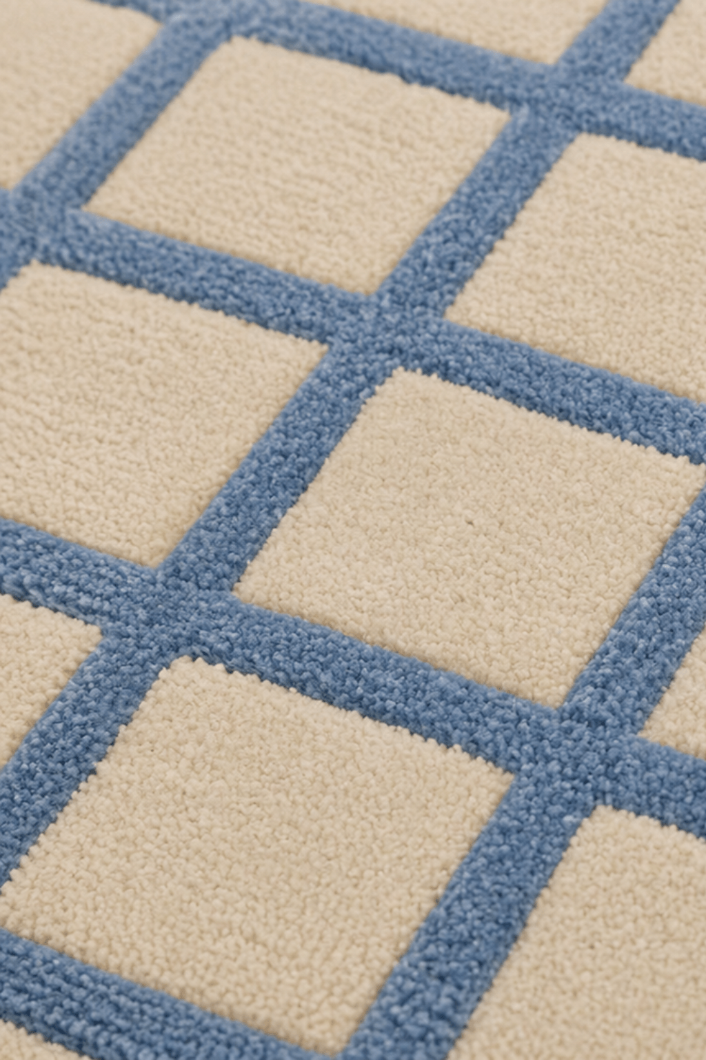 Close-up of Azure Grid Wool Rug, a modern geometric wool rug with ivory background and blue lines.