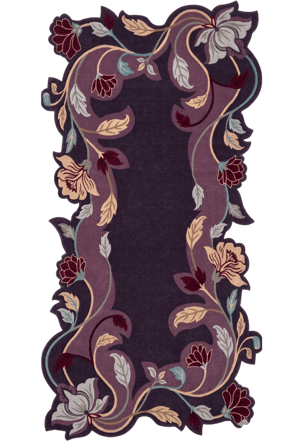 Luxurious floral majlis rug showcasing elegant floral designs on a deep-violet base.