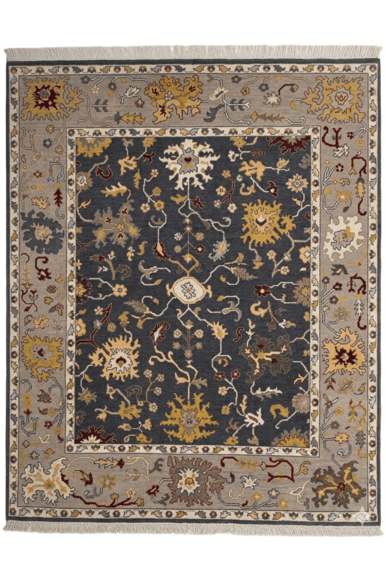 Heritage Hand-Knotted Charcoal & Ochre Oushak Rug featuring intricate designs and traditional craftsmanship.