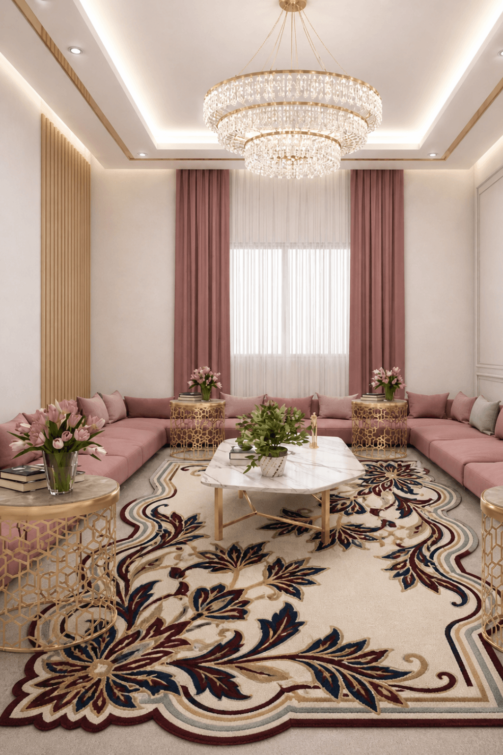Luxurious floral area rug showcasing traditional floral artistry in an elegant majlis interior setting.