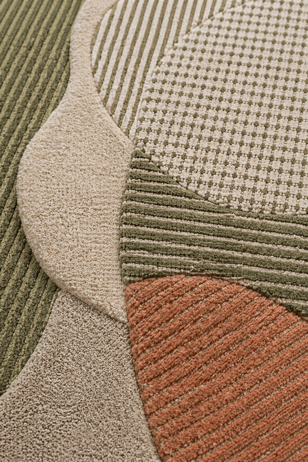 Close-up of the Terra Layers sculpted abstract rug showcasing earthy greens, terracotta, and beige tones.