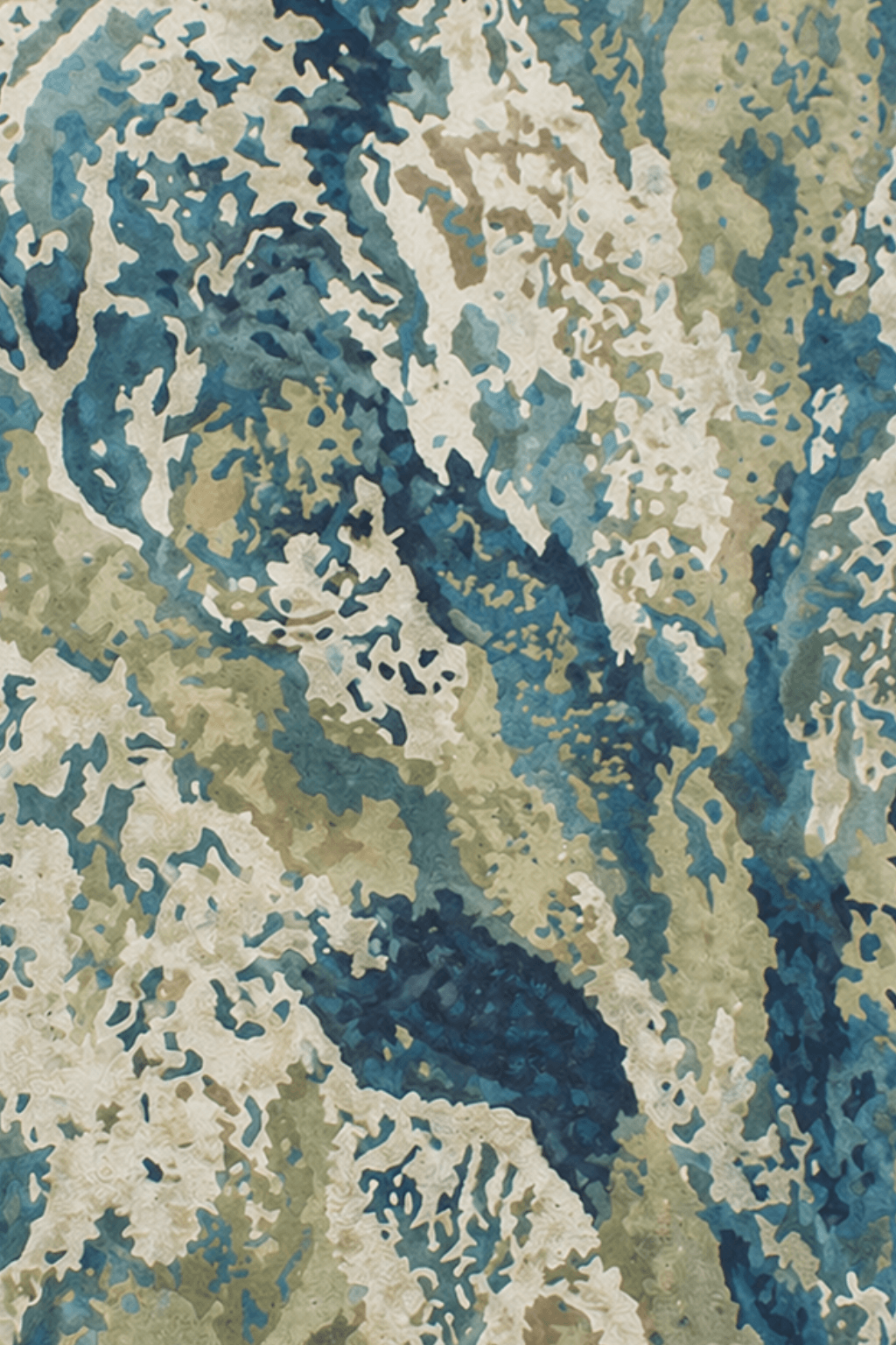 Ocean terrain sculpted rug showcasing intricate details with deep teal and muted sage tones, inspired by natural landscapes.