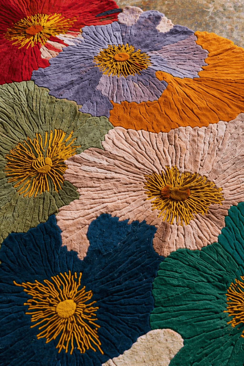 Colorful floral patterns on a sculpted floral rug featuring vibrant petals and artistic textures.