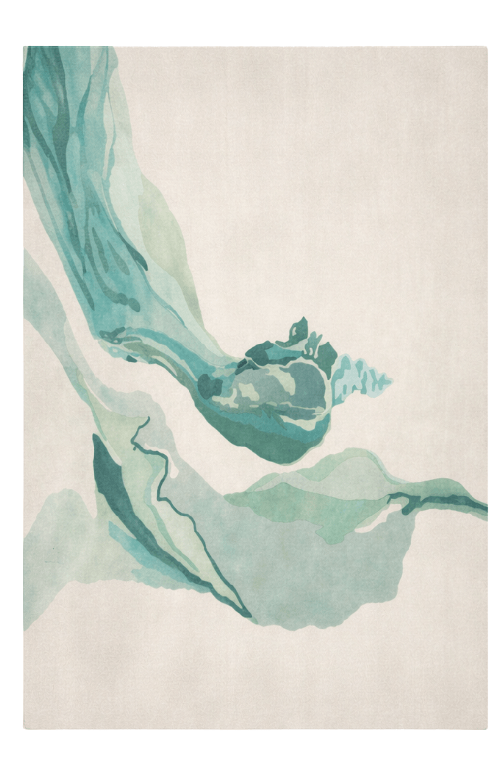 abstract watercolor area rug featuring soothing aqua and teal tones on a calm neutral background.