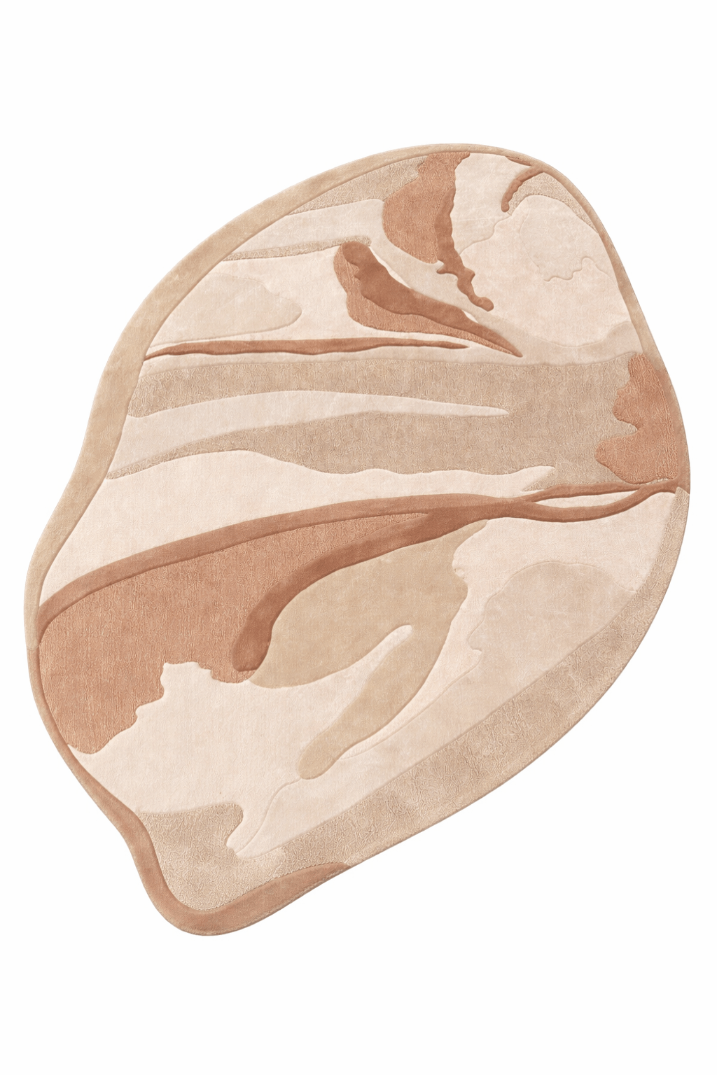 Desert Flow Abstract Rug featuring organic shapes in warm tones of sand, beige, taupe, and terracotta.