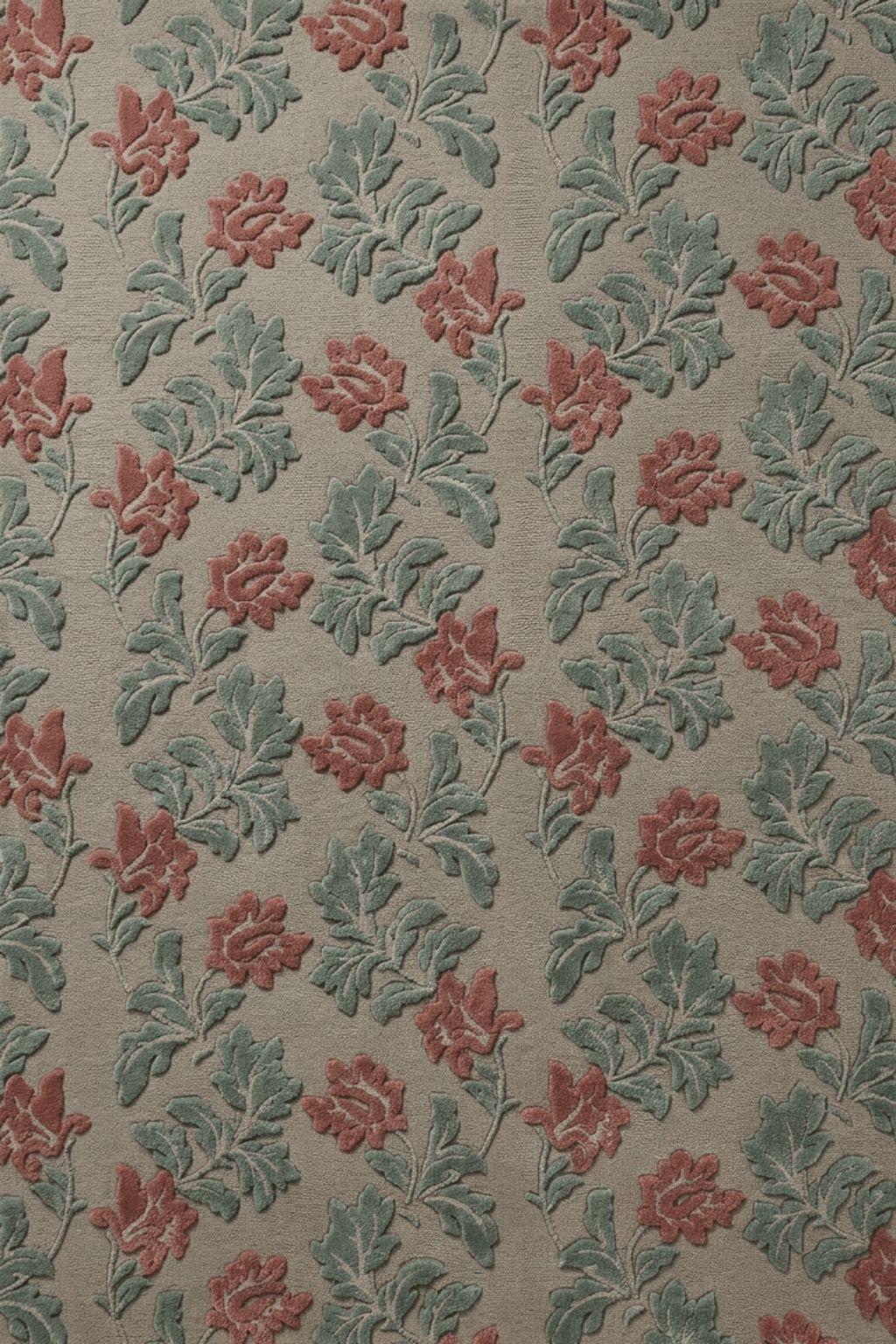 Rosewood and sage floral rug featuring detailed botanical patterns on a stone-grey background.