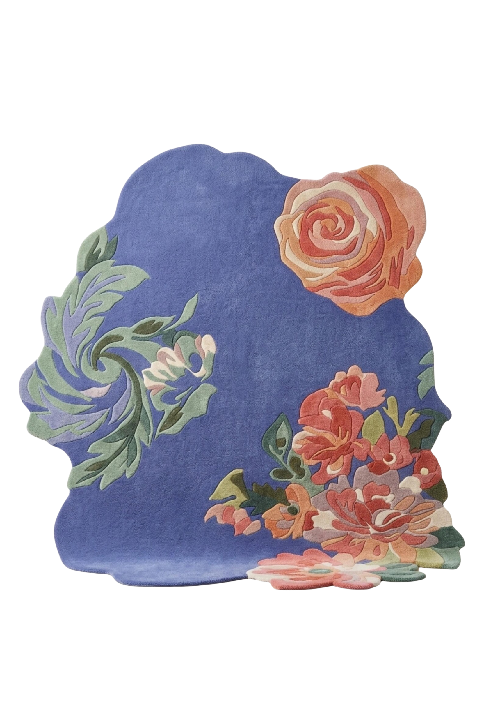Floral hand-tufted rug featuring vibrant botanical patterns on a rich blue background.