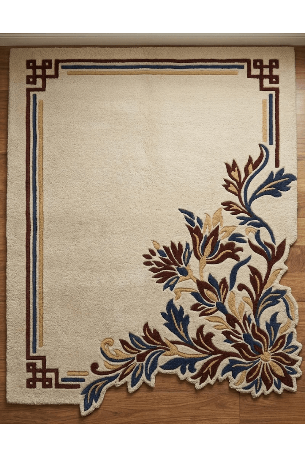 Royal Zahra majlis rug with ivory base and floral motifs in burgundy, navy, and beige tones.