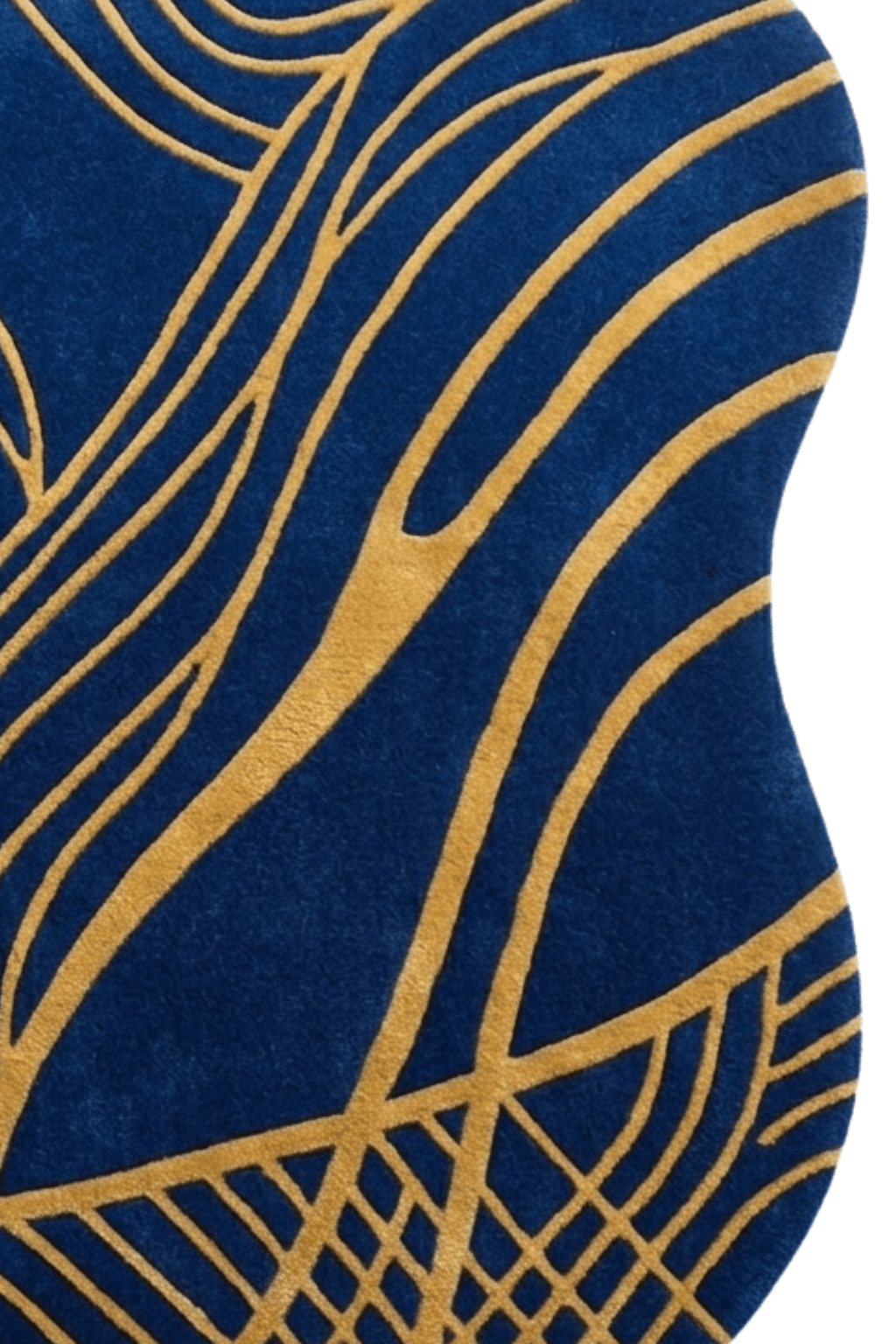 azure gilded wave sculptural rug with organic gold patterns on deep navy background