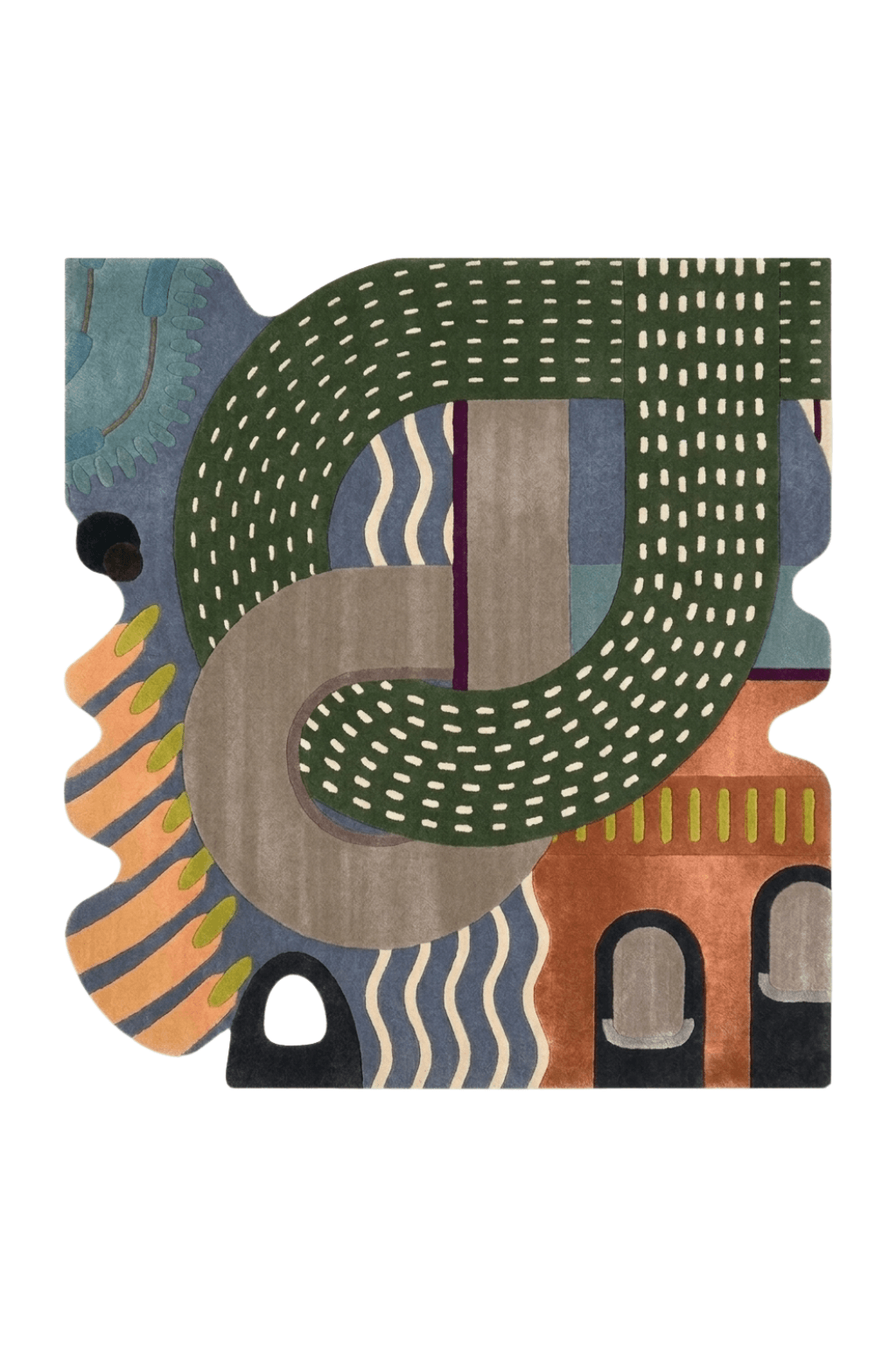 Chroma-Flow irregular area rug showcasing avant-garde design with bold colors and unique cut-out shapes.