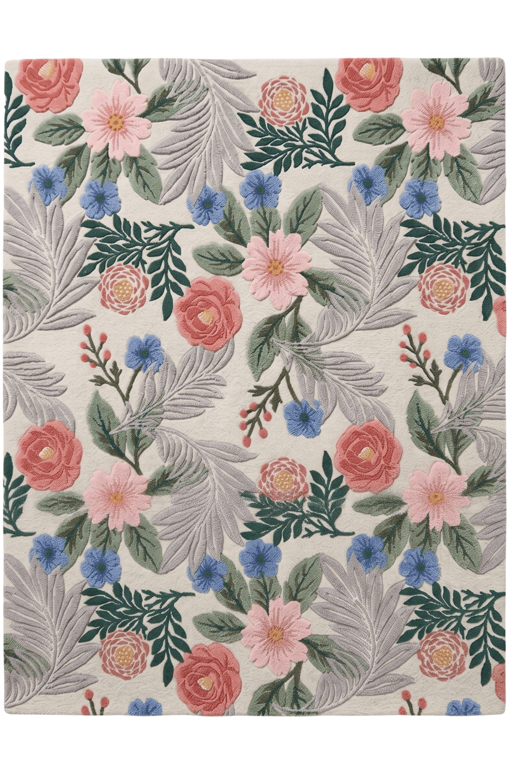 Blush Meadow Floral Hand-Tufted Wool Rug with pink and blue flowers on an ivory base, ideal for adding elegance to any room.
