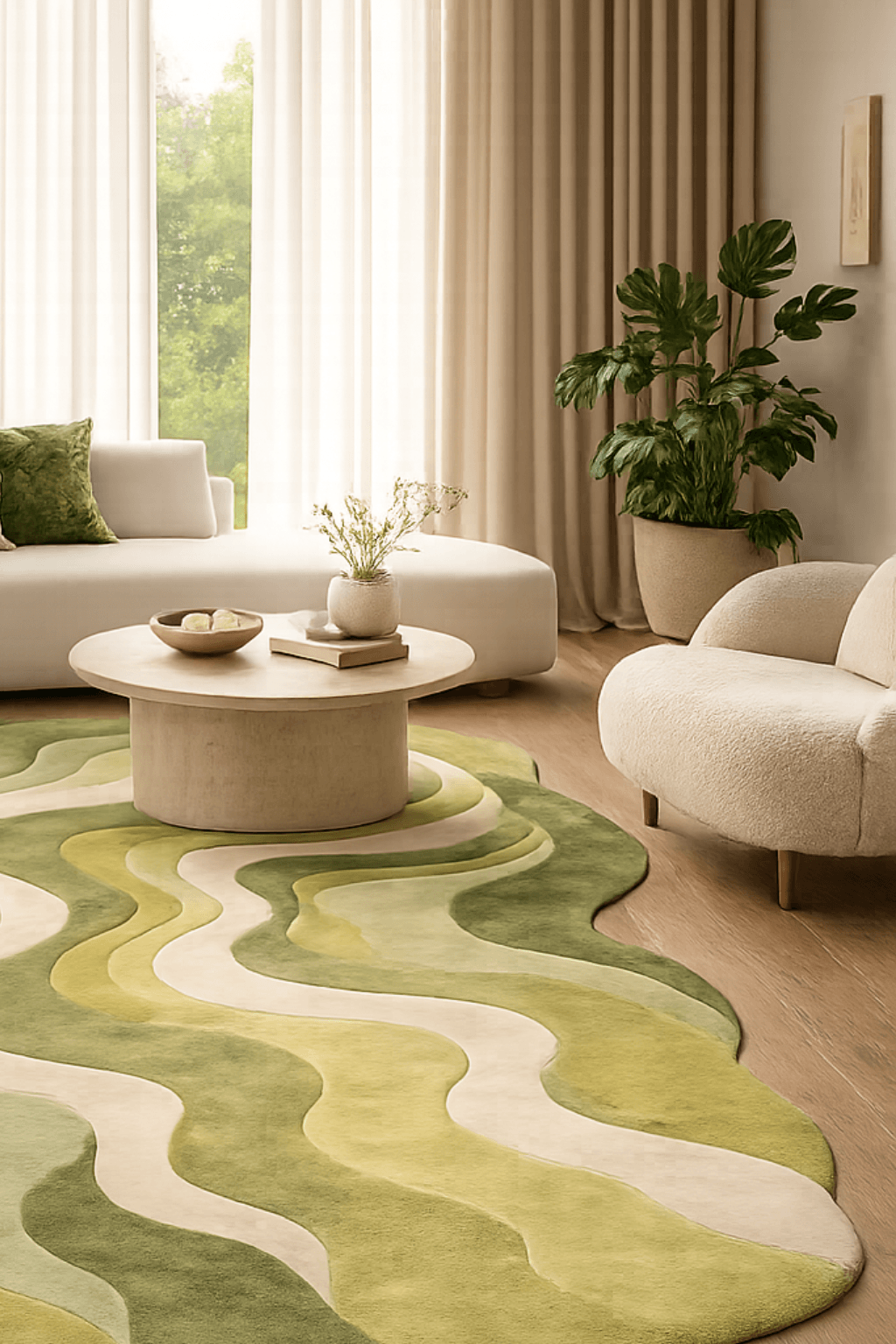 nature-inspired flow rug in a modern living room with soft green tones and layered wave patterns.